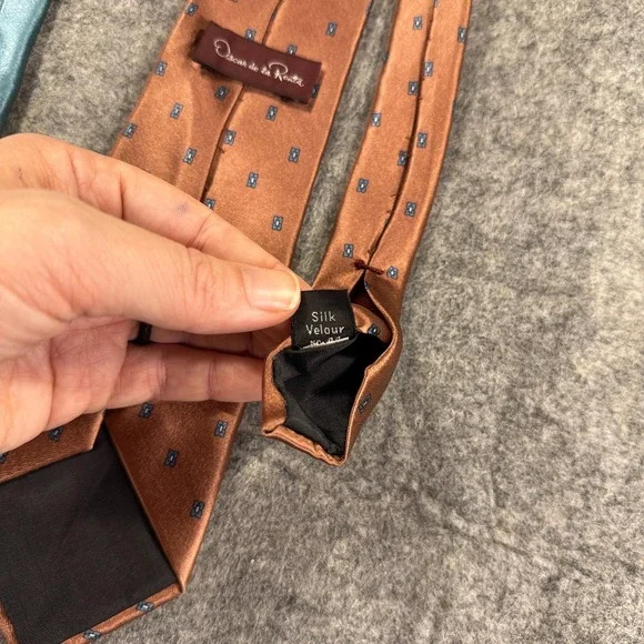 Oscar‎ de la Renta Mens Silk Tie Lot Teal Dot Brown Geometric Neckties - Picture 5 of 9